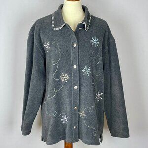 Vtg 90s San Michelle Bay Fleece Cardigan Sz M Embroidered Snowflake Cozy Winter